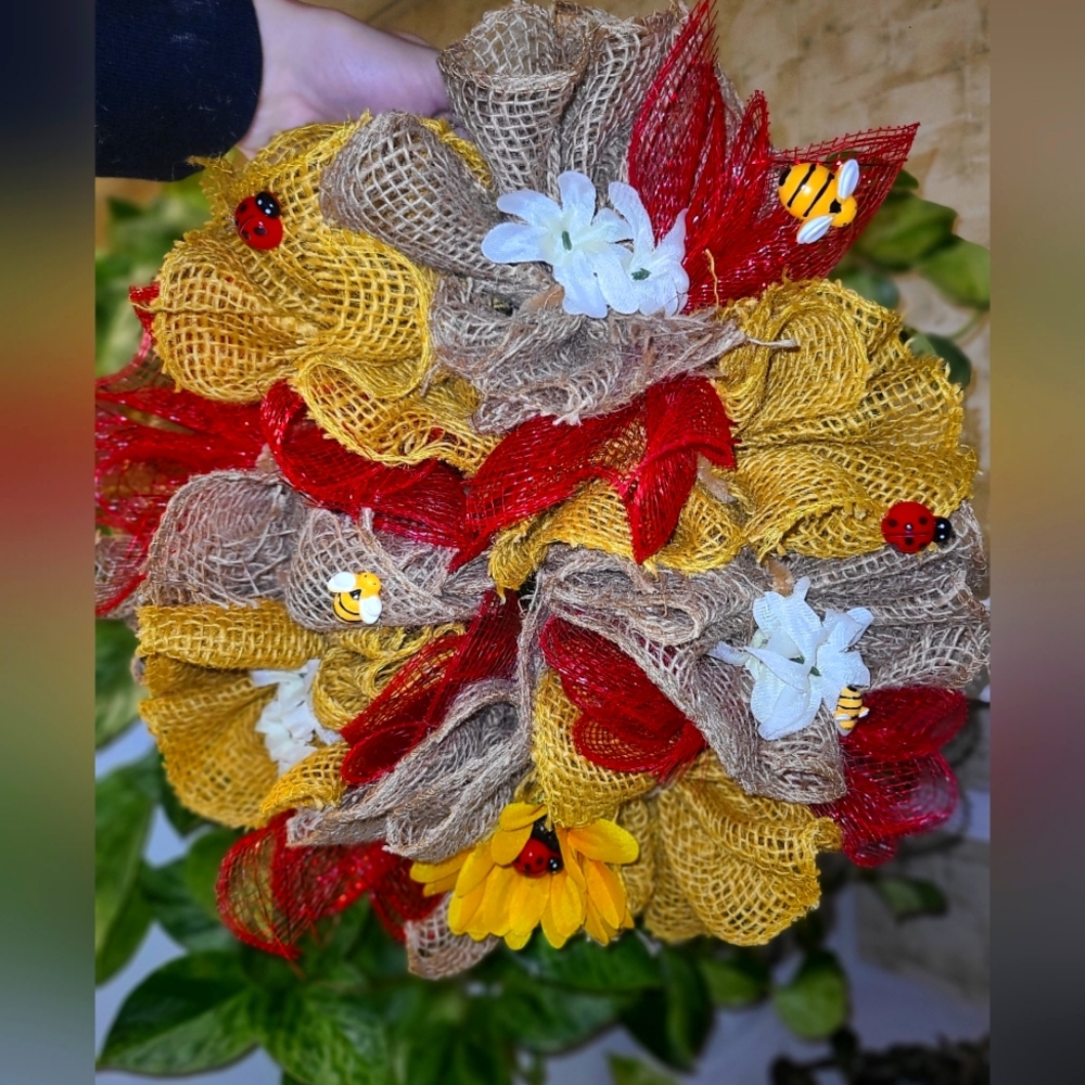 Small Sunflower Wreath Red And Yellow with bees and lady bugs! Hand made